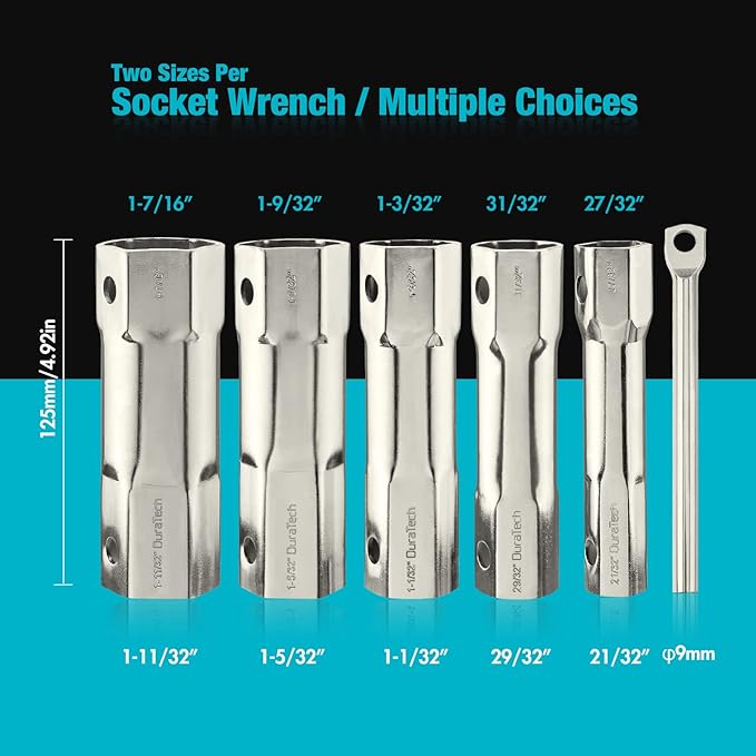 DURATECH Shower Valve Socket Wrench Set with Bar Handle for Removing Tub & Shower Valve，5-Piece, includes 21/32”x 27/32”, 29/32”x 31/32”, 1-1/32” x1-3/32”, 1-5/32”x1-9/32”, 1-11/32”x 1-7/16”