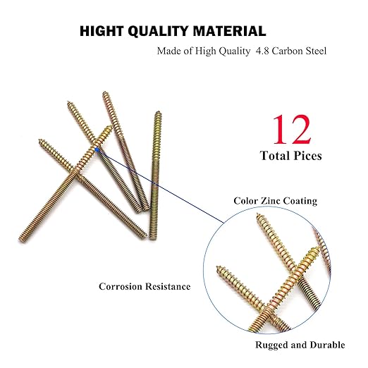 12 Pack 1/4-20 x 4-1/2 Inch Hanger Bolts Double Headed Wood Dowel Self-Tapping Screw for Furniture Double Threaded Rods 114.3mm Length