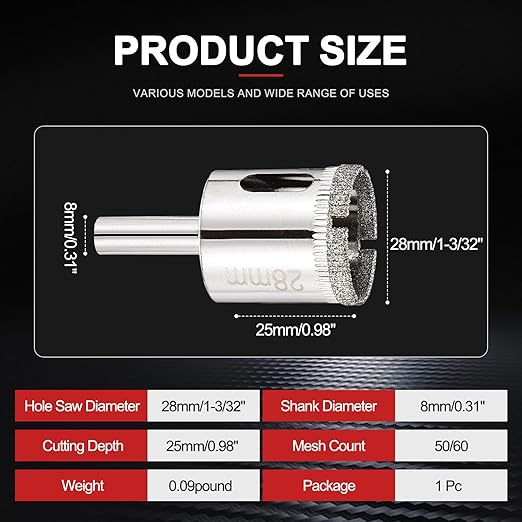 PATIKIL 1-1/8" (28mm) Diamond Hole Saw, Glass Diamond Hole Cutters Hollow Core Drill Bits for Fiberglass, Tile, Porcelain, Ceramic