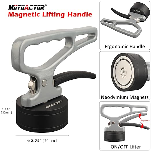 MUTUACTOR Strong Magnetic Pickup Tool with Release Handle,Retractable Neodymium Magnet Sweeper,Quick Release Magnetic Retrieval Tool for Gripping Heavy Thick Iron Plate Block,Grey,1PCS