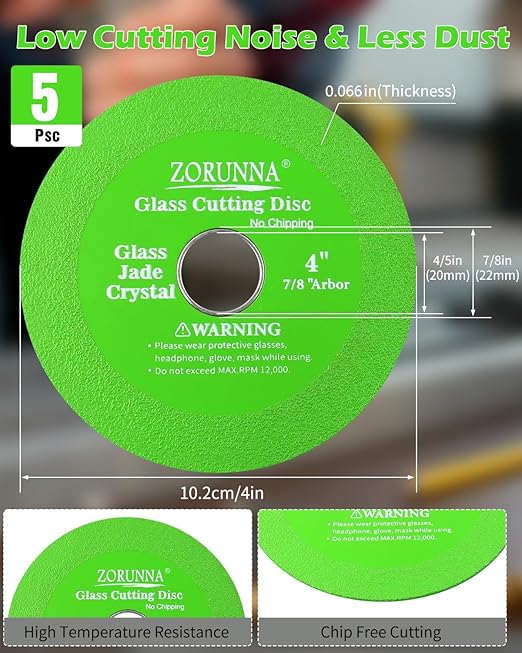 5 Pack Glass Cutting Disc for Angle Grinder, 4" X 7/8" Tile Cutter Blade, Ultra-Thin Glass Cutters Tools for Grinding Ceramic, Crystal, Tile, Jade, Wine Bottle.