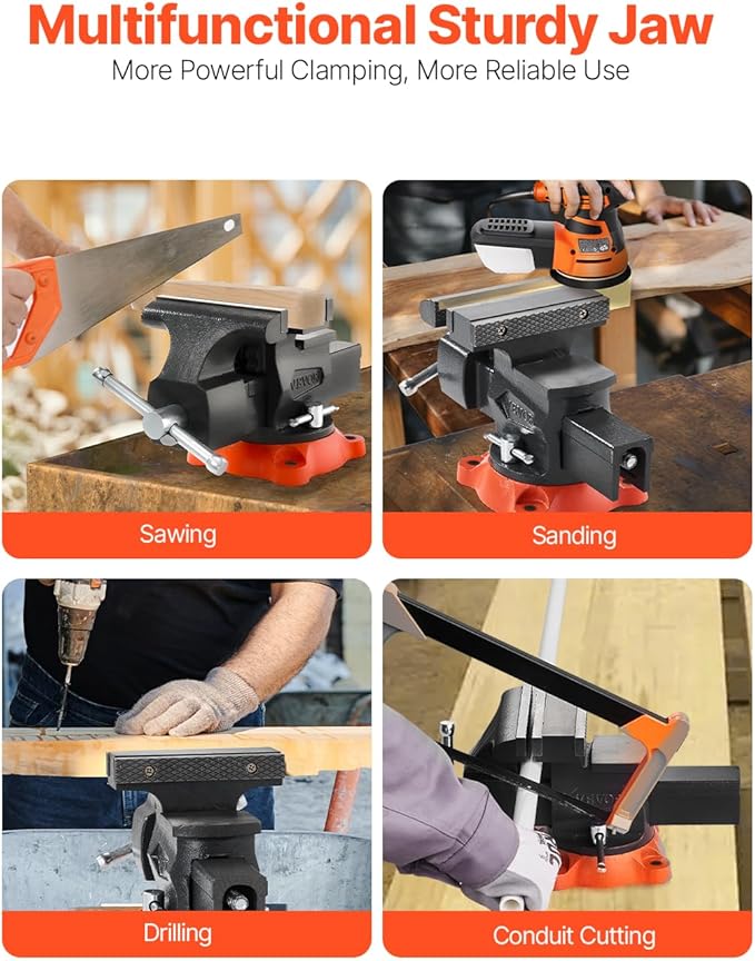 VEVOR Bench Vise, 5.5" Jaw Width, 5.5" Max Jaw Opening Multipurpose Vise with 360째 Swivel Locking Base, 2.8" Throat Depth, Heavy Duty Ductile Iron Workbench Vise, Two-Way Jaws for Clamping Round Pipes