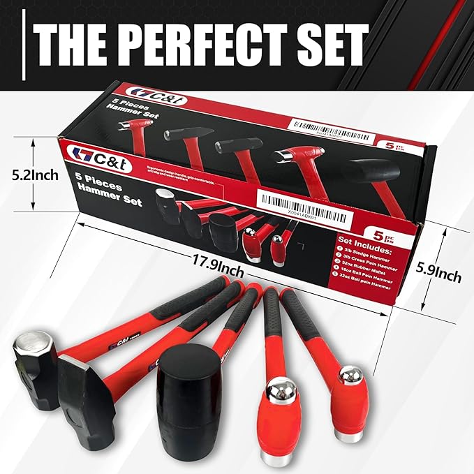 C&T 5-Piece Hammer Set, 16oz Ball Peen Hammer | 32oz Ball Peen Hammer | 32oz Rubber Mallet | 3lb Sledge Hammer | 3lb Cross Peen, Fiberglass Handle & Mallet Set