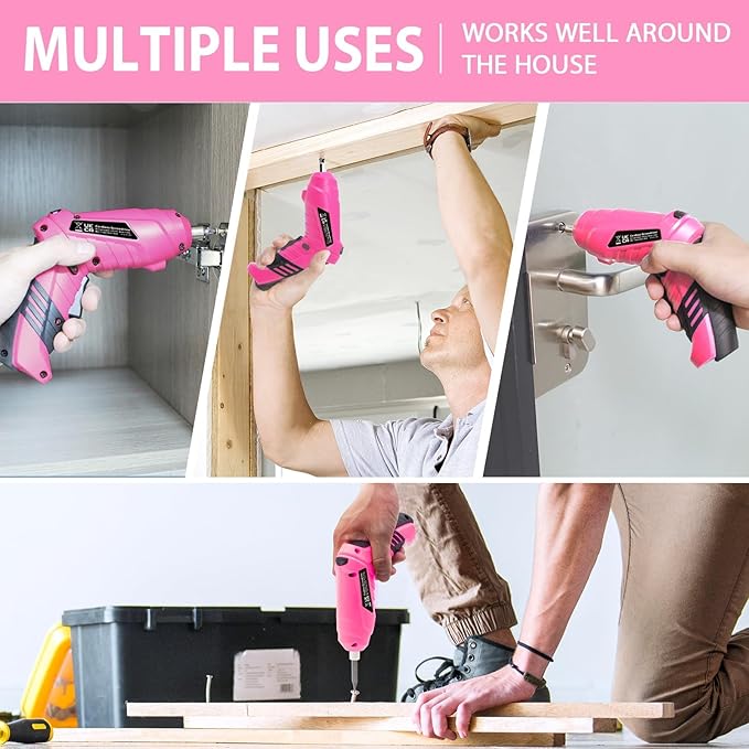 Pink Cordless Electric Screwdriver Set, 3.7V Rechargeable Small Electric Drill with 47pcs Driver Bit Set, Power 3Nm Screw Gun with 2 Position Handle, Flexible Shaft LED Light for Women