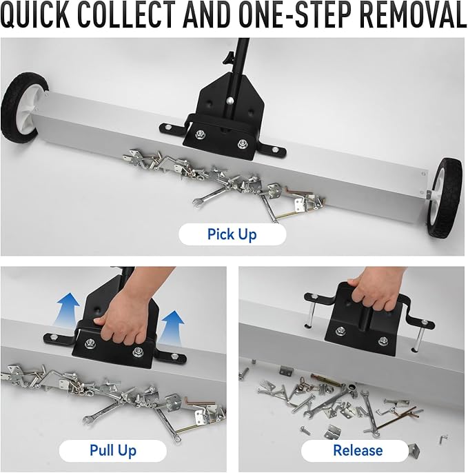 DISEN 36-Inch Rolling Magnetic Sweeper with Wheels 40-Inch Telescoping Adjustable Handle 55-Pound Capacity with 3 Pack Telescoping Magnet Pick-up Tool Set Heavy-Duty Magnet to Pick Up Nails