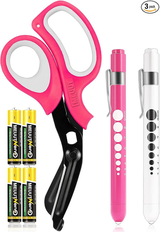 MEUUT 3 Pack Pen light & Medical Scissors-One Pantented Trauma Scissor Two LED Penlight with Pupil Gauge -8" Bandage Scissor for Nurse Doctor EMT