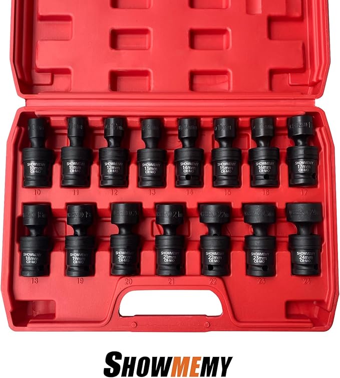 Drive Impact Universal Joint Socket Set, 6 Points, Shallow Swivel Socket Set, Cr-Mo Steel. Heavy Duty Storage Case (Metric 1/2", Metric 1/2")