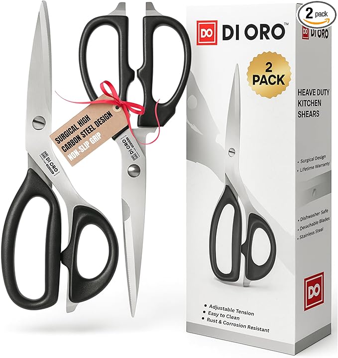DI ORO Heavy Duty Kitchen Shears - All Purpose - Sharp Scissors for Food, Meat, & Herbs - Stainless Steel Kitchen Shears Heavy Duty & Dishwasher Safe - Bone Cutting Scissors