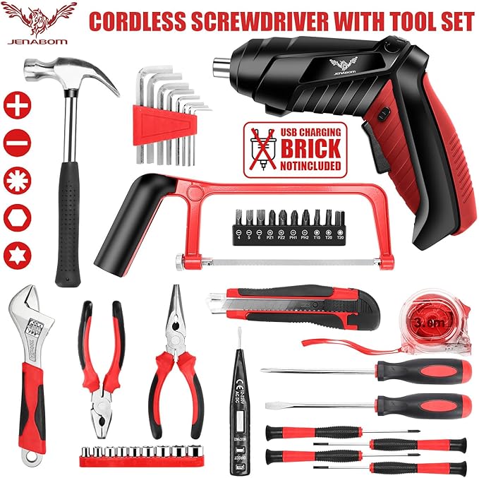 Electric Screwdriver with Tool Kit, 43 PCS Home Tool Set with Cordless Drill Driver, Hand Tool Kits for Home Office DIY Tools