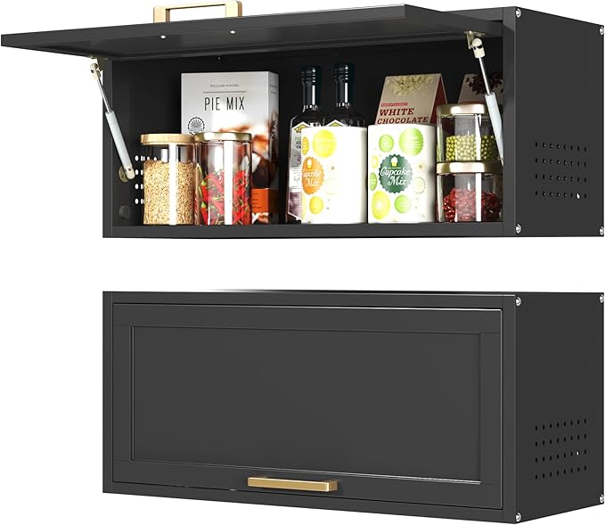 Coolsun Metal Wall Cabinet, Garage Wall Cabinet with Up-Flip Door, 31.5" W Wall Mounted Metal Storage Cabinet for Kitchen,Garage,Basement,Ware House Assembly Required (13.8" H Black)