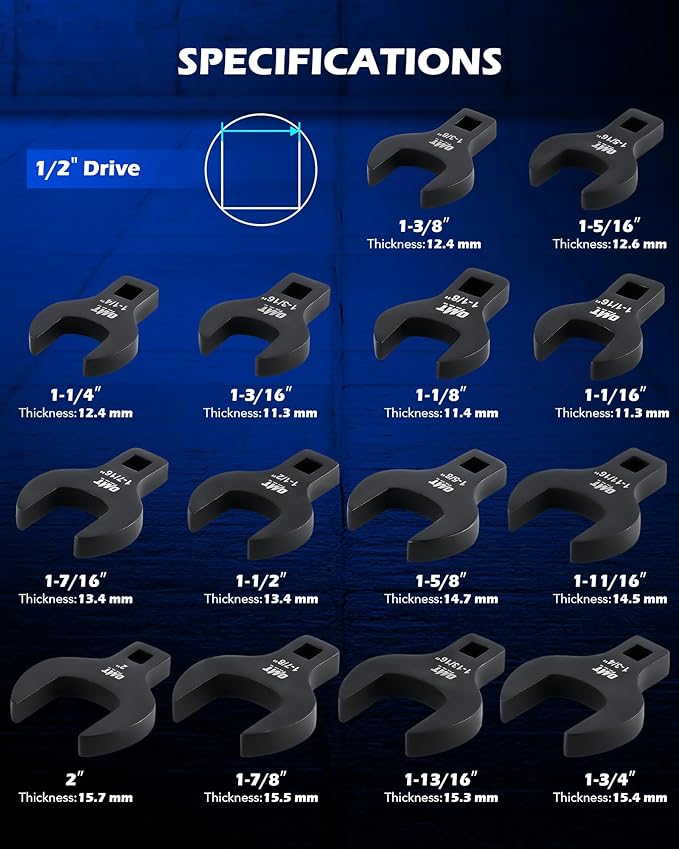 Orion Motor Tech 14 Piece Jumbo Crowfoot Wrench Set, SAE Crows Foot Wrench Set for 1-1/16" to 2" Flare Nuts for 1/2" Drive Rachets & Extenders, Blackened Cr-V Steel Crowfoot Wrenches with Carry Case