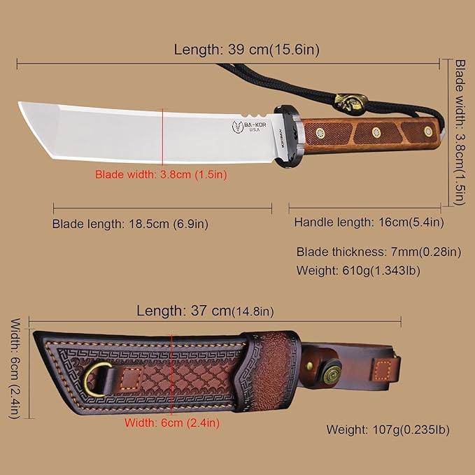 BA-KOR 7mm 9CR18MOV steel (15.6IN) sandalwood handle full Tang fixed knife+scabbard+(single shoulder strap)&(5.9IN) cerium igniter, suitable for outdoor hunting, camping, survival, EDC tool knife