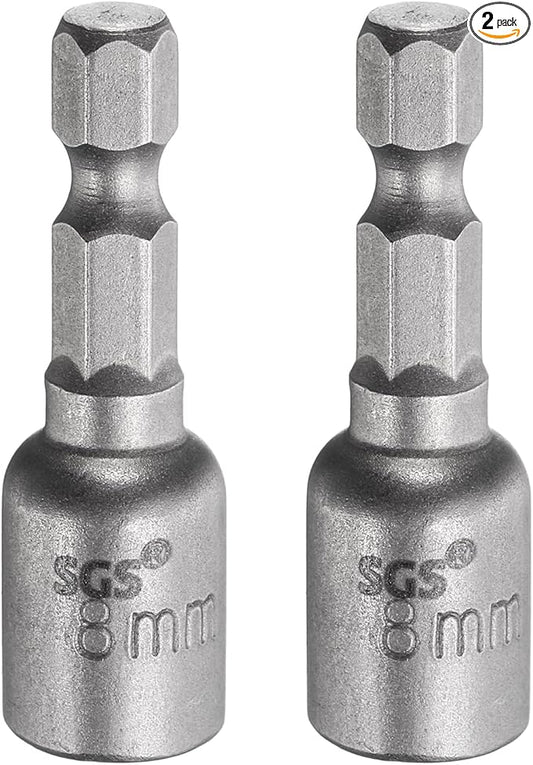 HARFINGTON 2pcs Nut Driver Drill Bit 8mm Metric Socket 1/4" Hex Shank 1.65" (42mm) Long Magnetic 6-Point Sockets Quick Change CR-V Steel Bolt Setters for Power Drill Drivers