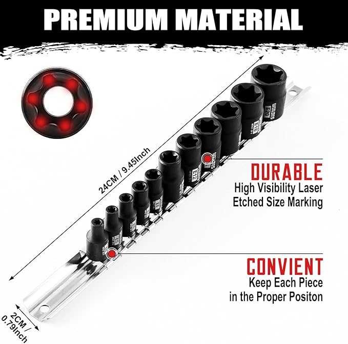 11-Piece E-Torx Socket Set, 1/4" & 3/8" Drive, E4-E20 Torque Socket Set