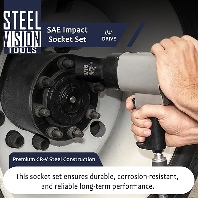Steel Vision 12 pc 3/8 in Drive SAE (5/16 to 1 Inch) Impact Deep Socket Set, Chrome-Moly Steel, Laser-Etched Markings, Deep Well, Heavy Duty Sockets for Impact Wrenches