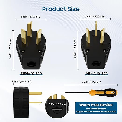 NEMA 10-30/50P Straight Blade Angle Plug 2Pack, AC Dryer Replacement Male Angle Plug, Non-Grounding Heavy Duty Universal Power Male Connector for Dryers 30/50Amp,125/250Volt-with 1 Screwdriver