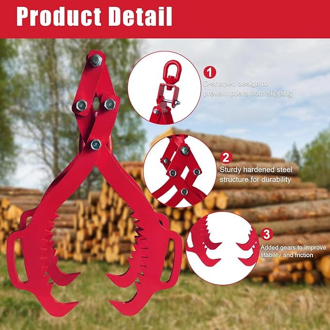 28" Log Tongs, 4 Claw Lifting, Eagle Claws Design Grapple Heavy Duty, Loading Capacity 2260 lbs, Skidding Tongs for Forklifts, Trucks, Tractors, ATVs Red