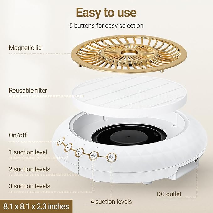 Nail Dust Collector Quiet, 5000RPM Vacuum Fan Extractor with Reusable Filter | Home/Salon Use, Pros Tech & Beginners