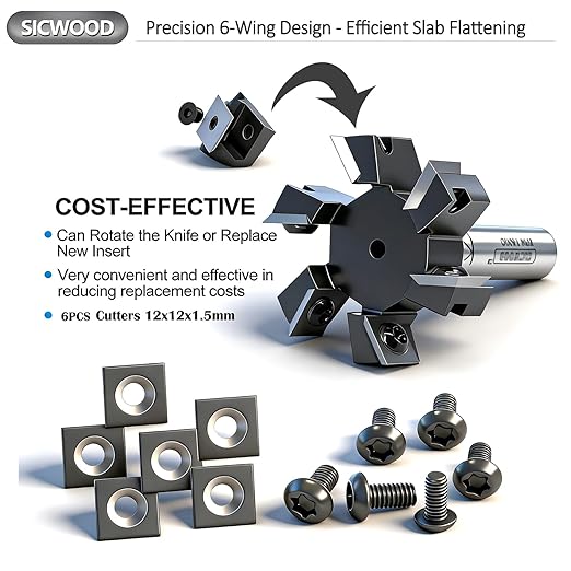 Slab Flattening Router Bit 1/2 Shank, 6-Wing, 2" Cutting Dia, Insert Carbide CNC Spoilboard Surfacing Router Bit, Wood Planer Planing Bit for Flycutter/ Slab Leveler/ Rabbeting by SICWOOD