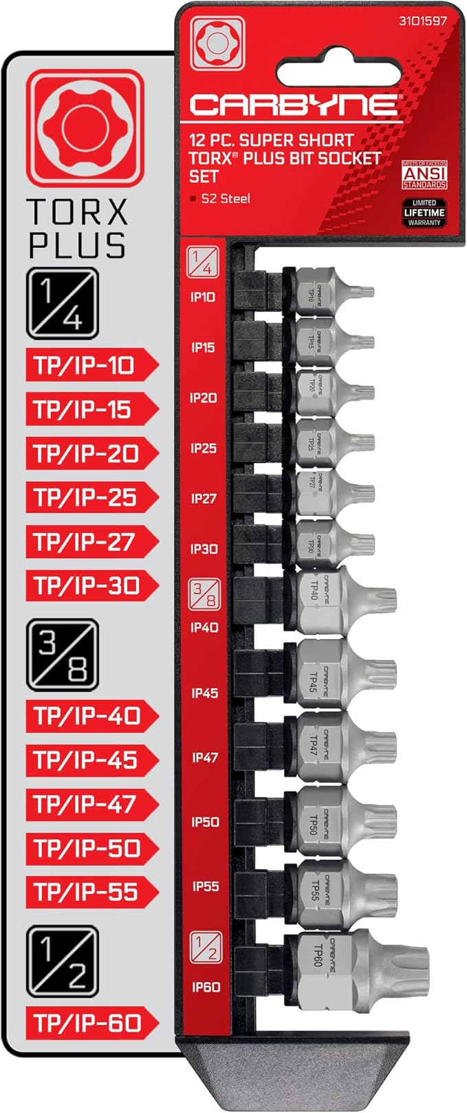 CARBYNE 12-Piece Torx Plus (6 Lobe) Super Short Low Profile Bit Socket Set | TP10/IP10 - TP60/IP60, Dual-Drive: Internal Square Drive & External Hex Drive ??From a Family-Run Tool Company in the U.S.
