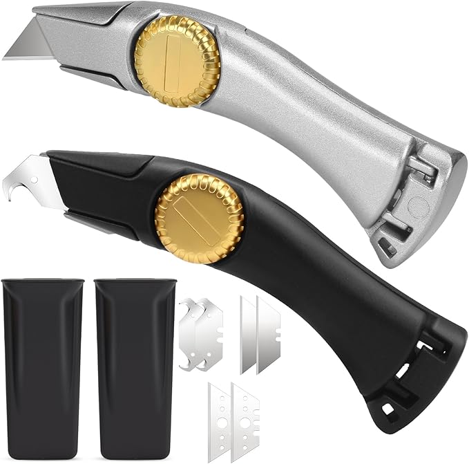 2PCS Fixed Blade Roofing Knife, Heavy Duty Utility Knife for Drywall, Vinyl, Carpet Cutting, Roofing Tools with Portable Storage Sheath, Replacement Blades, Navajas para Roofing(Silver Black)