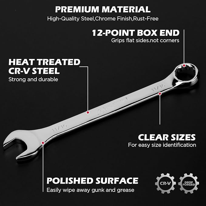 15-Piece SAE Combination Wrench Set, 1/4''??'' 12-Point Open End and Box End Wrench Kit with Organizer, Chrome Vanadium Steel Tools for Mechanics, Garages and Workshops
