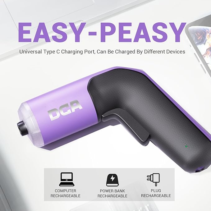 DCA 4V Electric Screwdriver Set, 5 N.m with 2000 mAh Li-ion Battery, 1/4" Magnetic Hex Chuck, USB-C Charging Cable, 18 Driver Bits for Furniture Repairs, Purple
