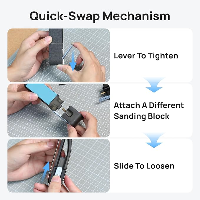 HOZO NeoBlock Sanding Block Set ??1 Magnetic Handle + 3 Swappable Heads (Basic, Pro, Expert) with 6 Grit Belts (120/180/240/400/600/800), Supports Wet Sanding, Quick-Swap for 3D Printing & DIY Project