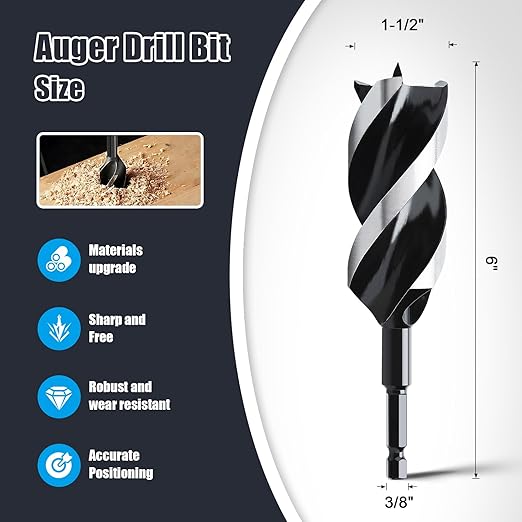 1-1/2" x 6" Auger Drill Bit for Wood, Hex Shank Tri Flute Ship Auger Long Drill Bit for Soft and Hard Wood,Tree Stump,Plastic,Drywall and Composite Materials