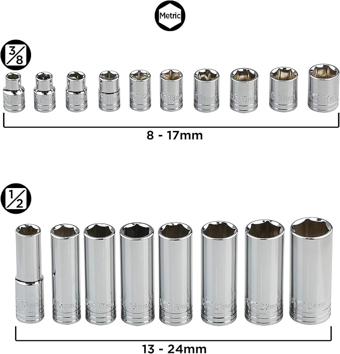 K304 Deep Combination Socket Set, 3/8-Inch & 1/2-Inch Drive, SAE/Metric, 45-Piece