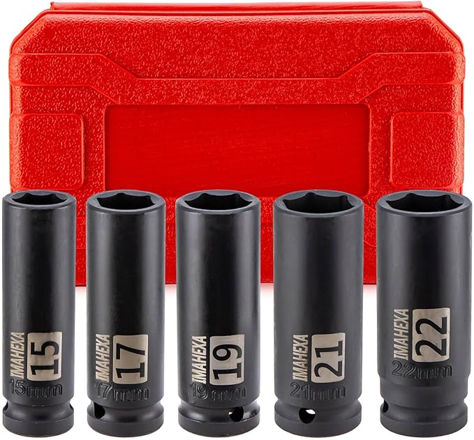 1/2" Drive Impact Long Socket Set, 5 Piece Metric Sizes (15,19,21 to 22 mm),Allen Socket Set,Deep CO-MO Meterial Socket,With Premium Red Socket Organizer