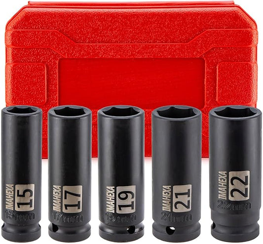 1/2" Drive Impact Long Socket Set, 5 Piece Metric Sizes (15,19,21 to 22 mm),Allen Socket Set,Deep CO-MO Meterial Socket,With Premium Red Socket Organizer