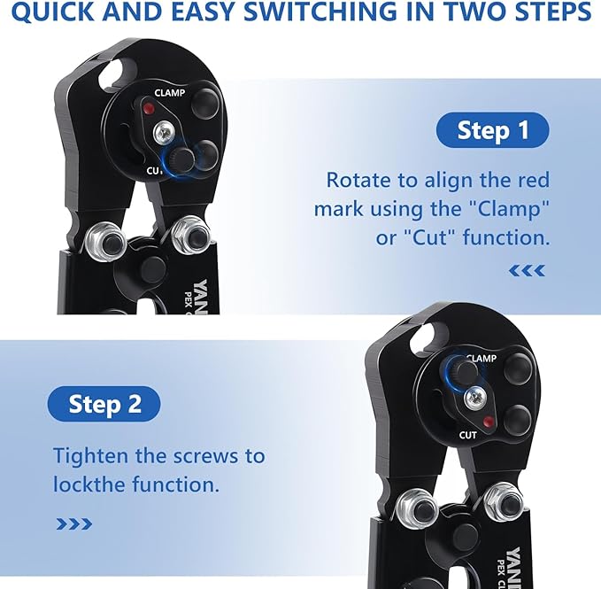2 IN 1 Ratchet PEX Crimping Tool Kit - Cinch and Remove Dual Function Suitable for 3/8" to 1" Stainless Steel Clamps with Pex Cutter and Stainless Steel Pex Clamps 1/2" 25PCS, 3/4" 10PCS