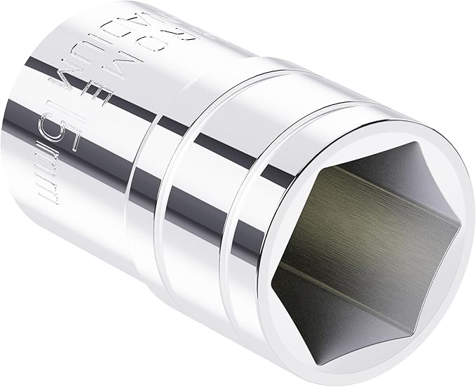15mm Shallow Socket, 1/2 Inch Drive, 6-Point, Metric, Heat Treated CR-V Steel Short Sockets, Full Polishing, 1.5 Inch Length
