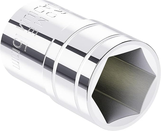 15mm Shallow Socket, 1/2 Inch Drive, 6-Point, Metric, Heat Treated CR-V Steel Short Sockets, Full Polishing, 1.5 Inch Length
