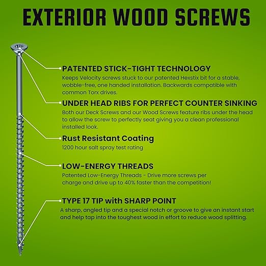 VVelocity Long Length Exterior 4 1/2 Wood Screws and T25 Torx Bits (Size #10) ??Rust Resistant Long Wood Screw Set with StickTight Hexstix Driver Bit (50 Count)