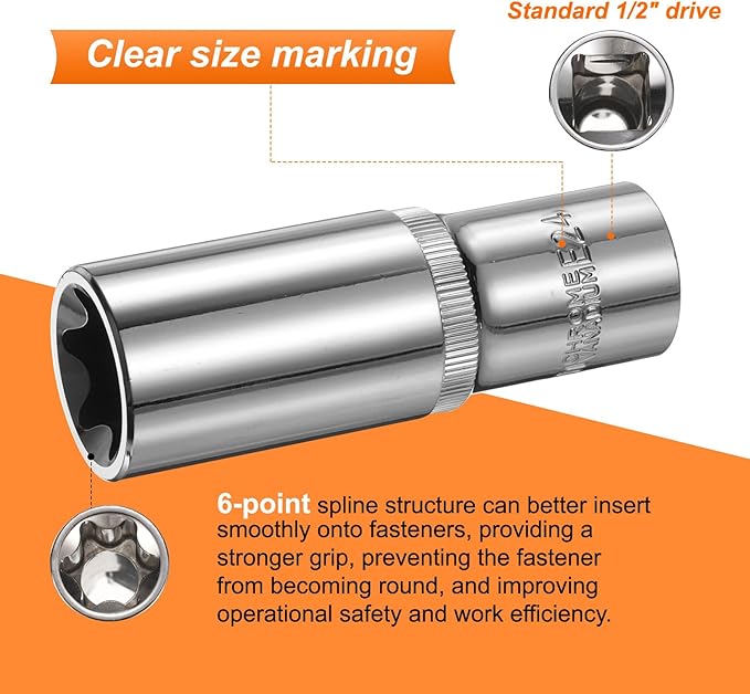 HARFINGTON 3pcs E-Torx Socket 1/2" Drive E20-E24 Star Female Socket 3.1" Length External Torx Deep Sleeve Chrome Plating 6 Point Spline Sleeve for Auto Repairs Home Maintenance