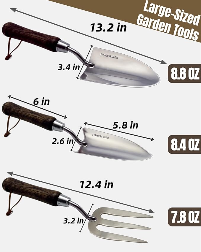 Garden Tool Set, 6PCS Heavy Duty Stainless Steel Gardening Hand Tools with Ropes, Includes Hand Cultivator Shovel Trowel Transplanter 2-in-1 Hoe Pruner, Ideal Gardening Gifts for Women Men (Standard)
