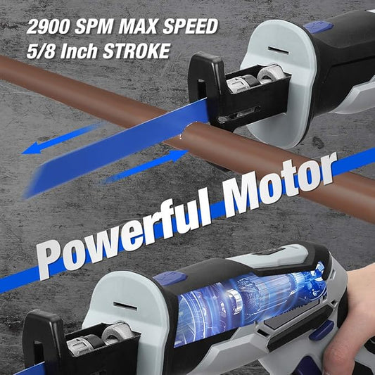 WORKPRO 12V Cordless Reciprocating Saw with Clamping Jaw, 2.0Ah Li-Ion Battery with 1 Hour Fast Charger, Variable Speed and Tool-Free Blade Change, 3 Saw Blades for Wood & Metal Cutting