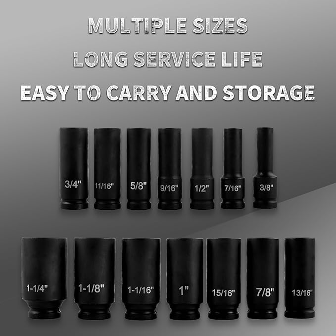 1/2" Impact Socket Set,14 Piece 6 Point Impact Set,Standard Impact Socket,SAE Sizes(3/8,7/16, 1/2, 9/16, 5/8, 11/16, 3/4, 13/16, 7/8, 15/16, 1, 1-1/16, 1-1/8, 1-1/4'') Deep Socket Set 1/2 Drive