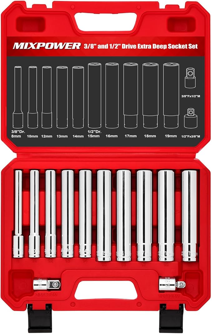 MIXPOWER 12 Pieces 3/8"&1/2" Drive Extra Deep Metric Socket Set,6 Point,8-10-12-13-14-15-16-17-18-19mm with 1/2"&3/8" Adapter,120mm Deep CR-V Socket for Automotive and Industrial Applications