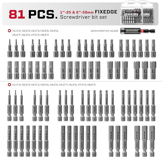 81Pieces Fixedge Screwdriver bit set,1”/ 2” Hex Magnetic Alloy Steel Insert Power Bits Tips(1.5-8.0) with Impact Bit Holder and Portable Storage Cases for Home Repair