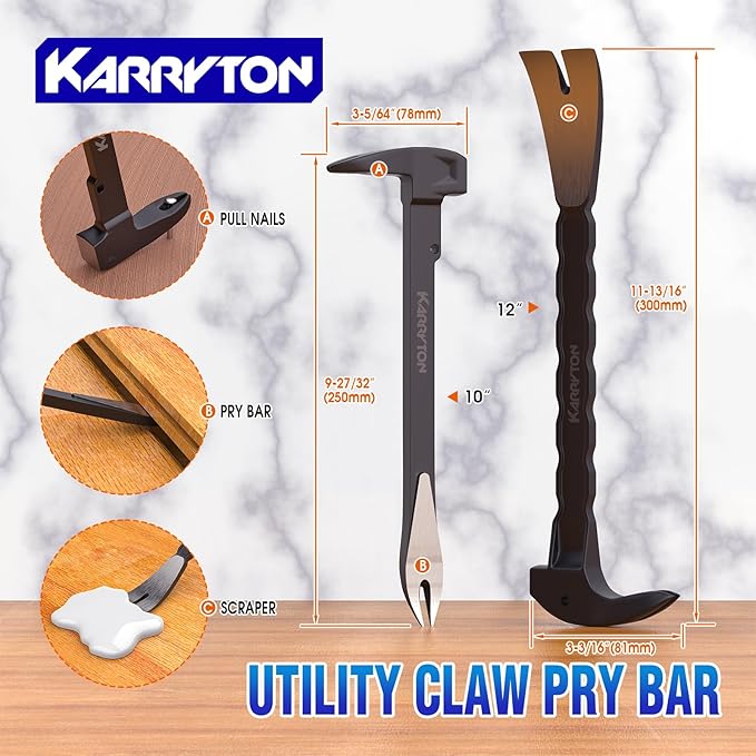 4-Piece Heavy-Duty Pry Bar Set ??12" & 10" Utility Claw Pry Bars, 15" Flat Pry Bar, 8" End Cutting Pliers | CR-V Steel Nail Puller Tool with Hammer-Function & Ergonomic Grip