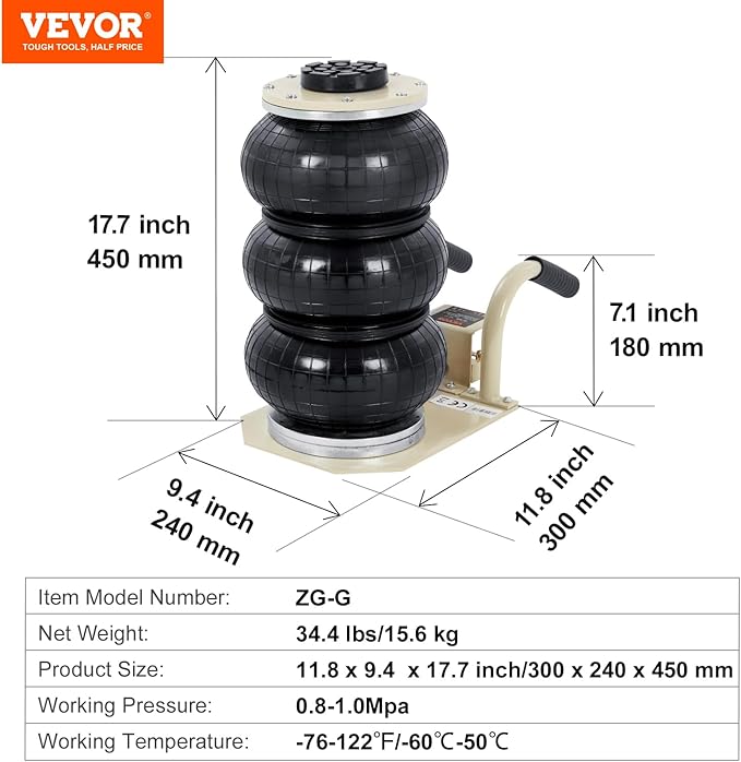 VEVOR Air Jack, 3 Ton/6600 lbs Triple Bag Air Jack, Airbag Jack with Six Steel Pipes, Lift up to 17.7 inch/450 mm, 3-5 s Fast Lifting Pneumatic Jack, with Short Handles for Car Repair