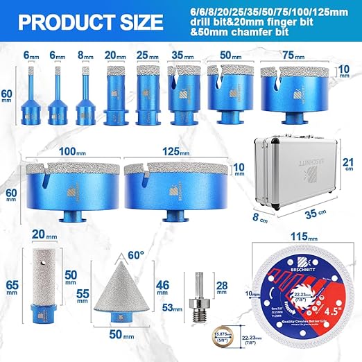 Diamond Core Drill Bit Set - BRSCHNITT Tile Hole Saw Kit 1/4"*2/5/16"/4/5" 1" 1-3/8"2" /3"/4"/5"& 4/5" Finger Bit & 2" Chamfer Bit for Porcelain Tile Ceramic Marble Granite Diamond Blade & Adapters.