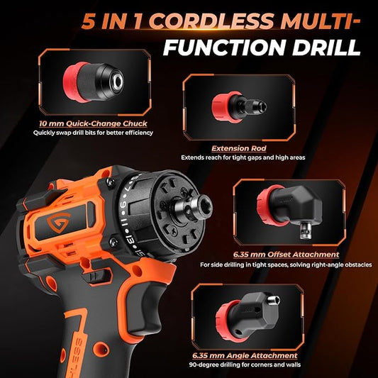 21V Brushless Cordless Drill Driver Kit, 5-in-1 Multi-Head System with 2 Batteries and Charger, Right Angle Adapter, Offset Head, 3-Jaw Chuck, Extension Head