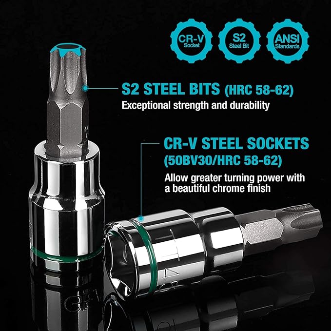 DURATECH 23-Piece Bit Socket and External Torx Socket Set, 8 Star, 7 Female E-Torx, 8 Tamper Proof Sockets with Storage Box, Premium S2 and CR-V Steel Made