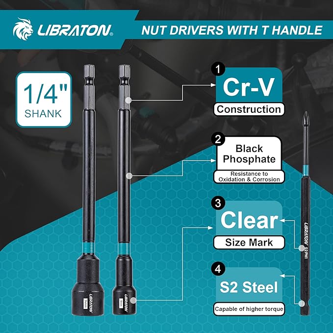 LIBRATON 27PCS Magnetic Nut Driver Set with Ratcheting T Handle, Nut Driver Set for Impact Drill, Metric & SAE Long Socket Set, Drill Bits, Socket Adapters, Wing Nut Driver, Quick-release Bit Holder
