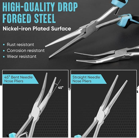 SHALL 7" Long Reach Needle Nose Pliers Set, 2PC Extra Long Nose & Bent Nose Pliers with Comfort Grip Handles, Non-Serrated Mini Pliers for Bending Wire, Jewelry Making, Crafts, Home Repair