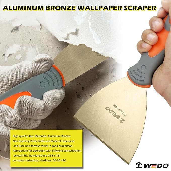 WEDO Non-Sparking Putty Knife Scraper with Fiberglass Handle,Blade 150mm(6"),Spark-free Safety Paint Scraper,Aluminum Bronze,Corrosion-Resistance,Paint Scraper,BAM & FM Certificate